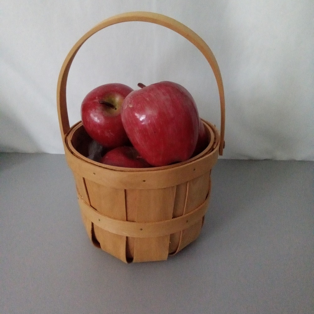 Vintage Style Wood Slat Apple Basket with Swing Handle Farmhouse Decor 6in